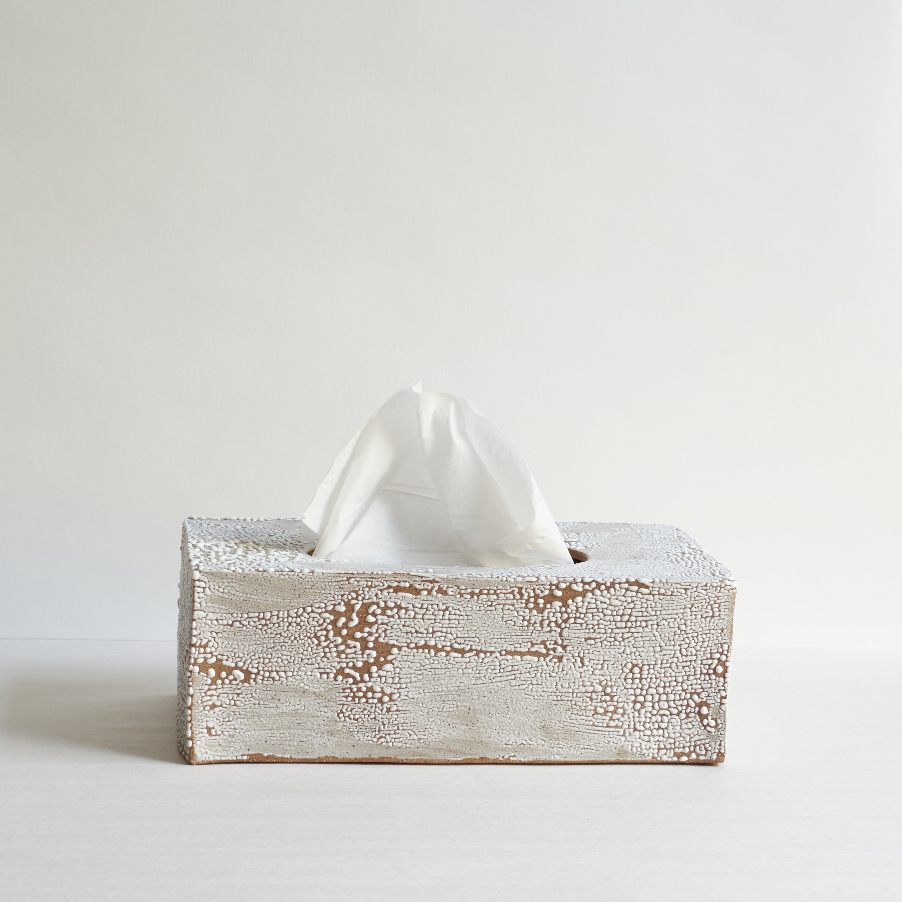Ceramic tissue box with textured surface on a light background