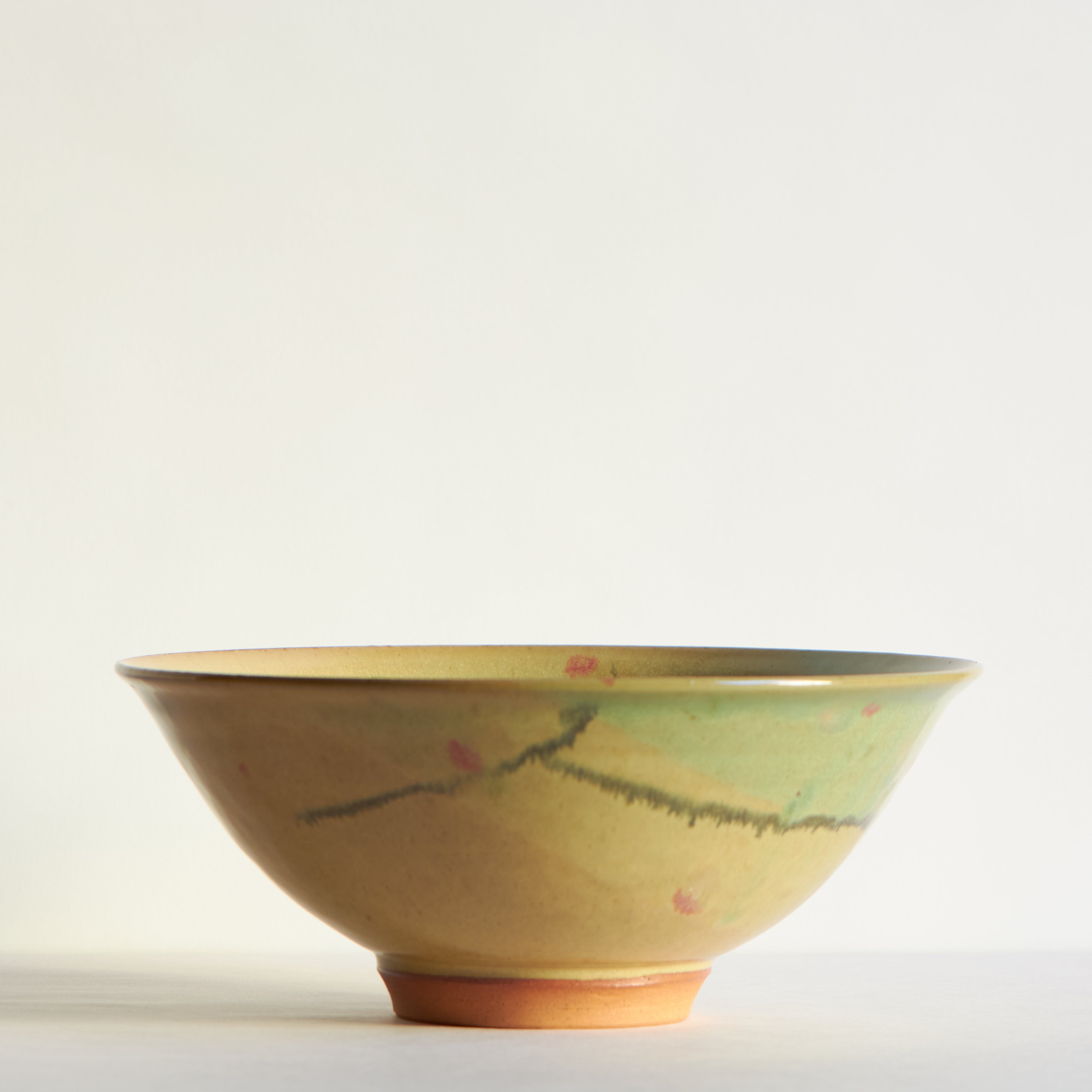 Side view of a ceramic bowl colored with green, shino and dots of red to represent cherry blossoms.