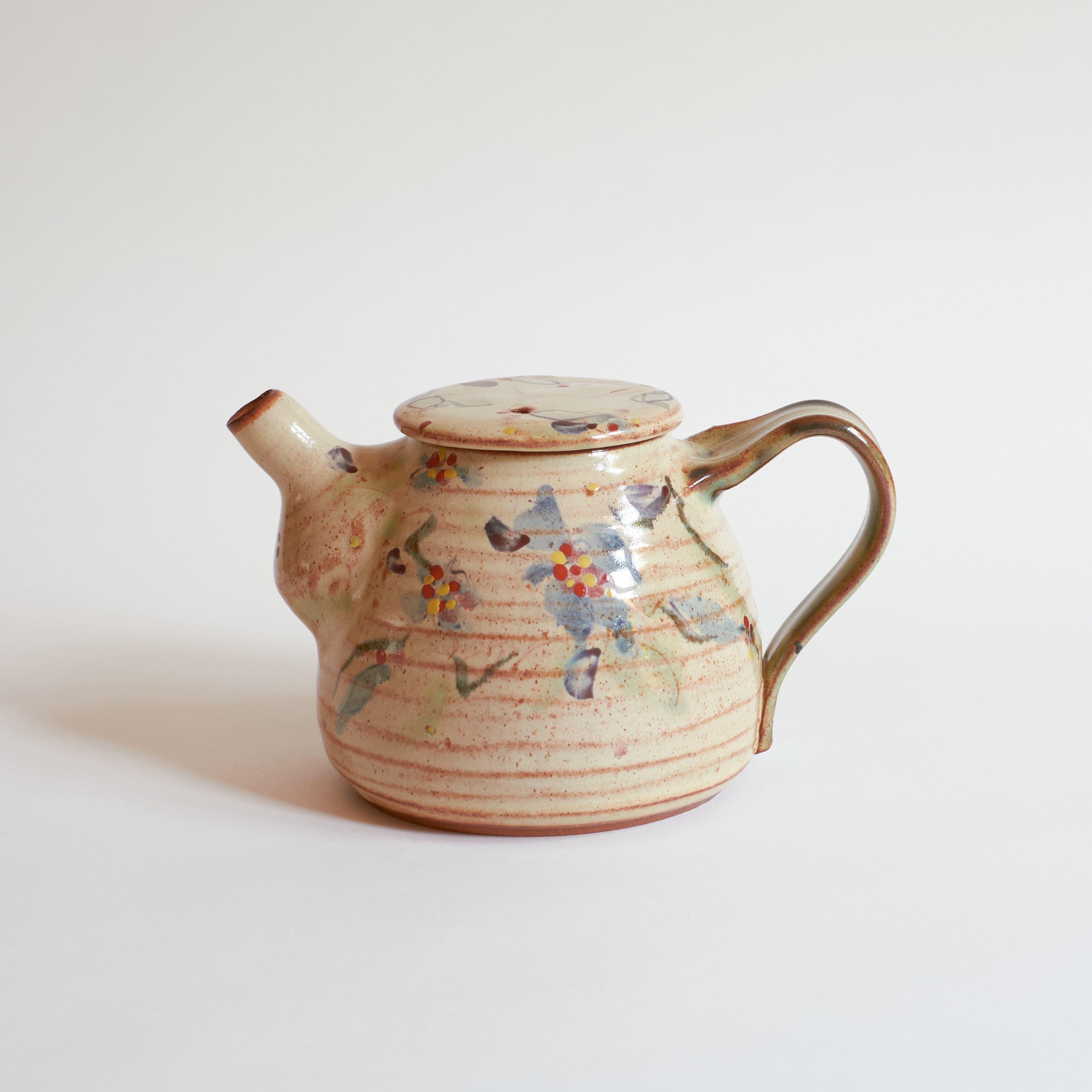 Ceramic teapot with morning glories designs on a white background