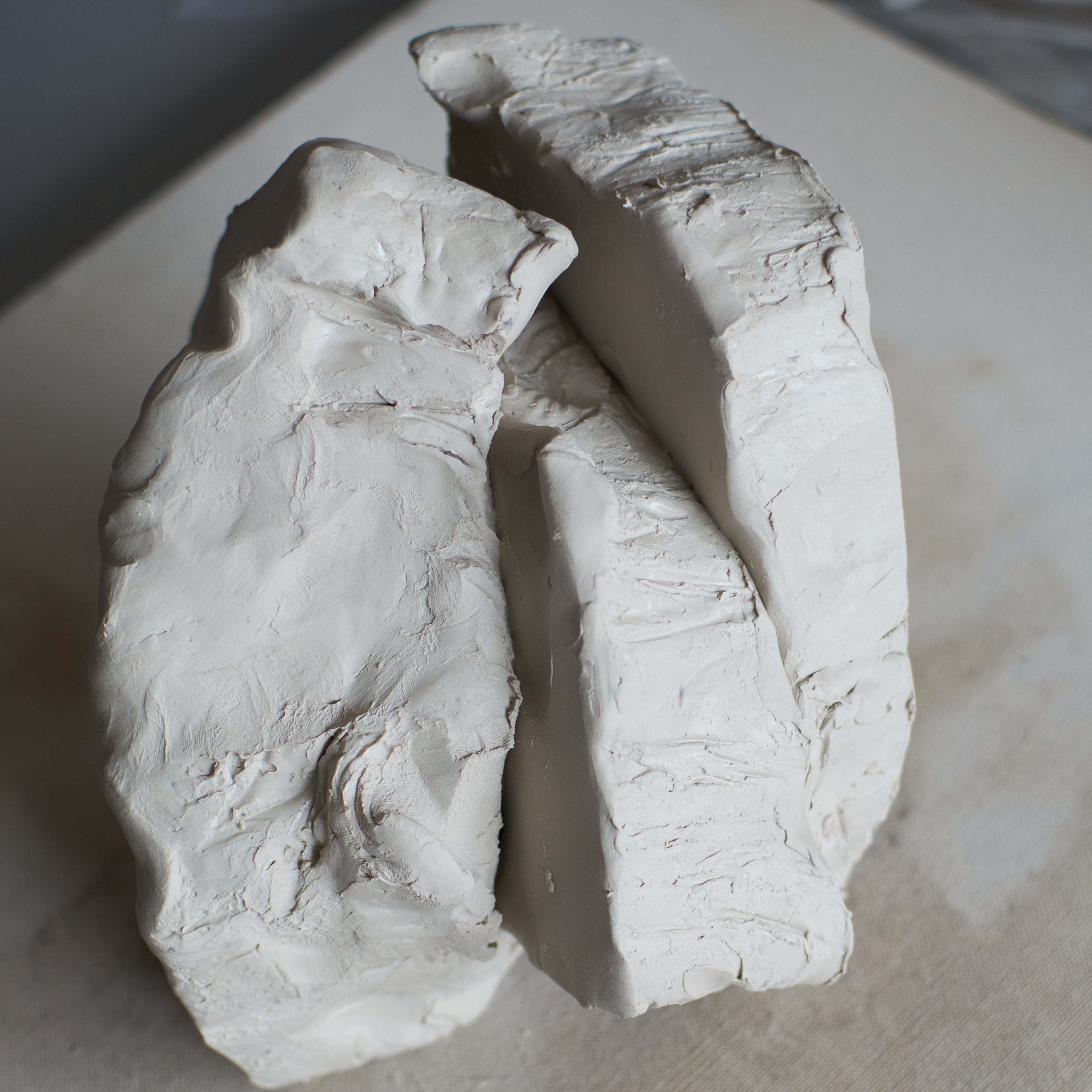 Porcelain clay body on a kneading table.