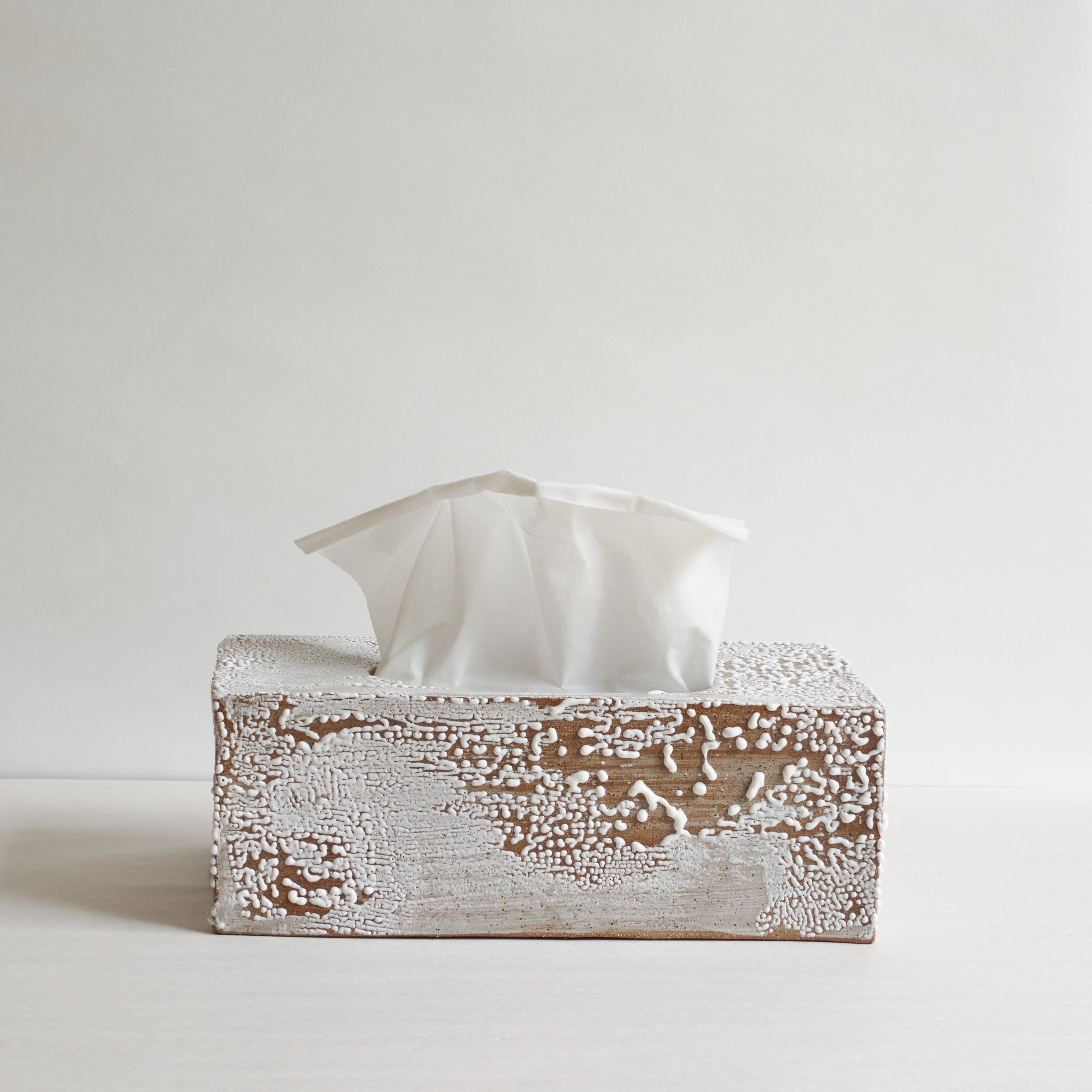 Ceramic tissue box cover with white tissues on a light gray background