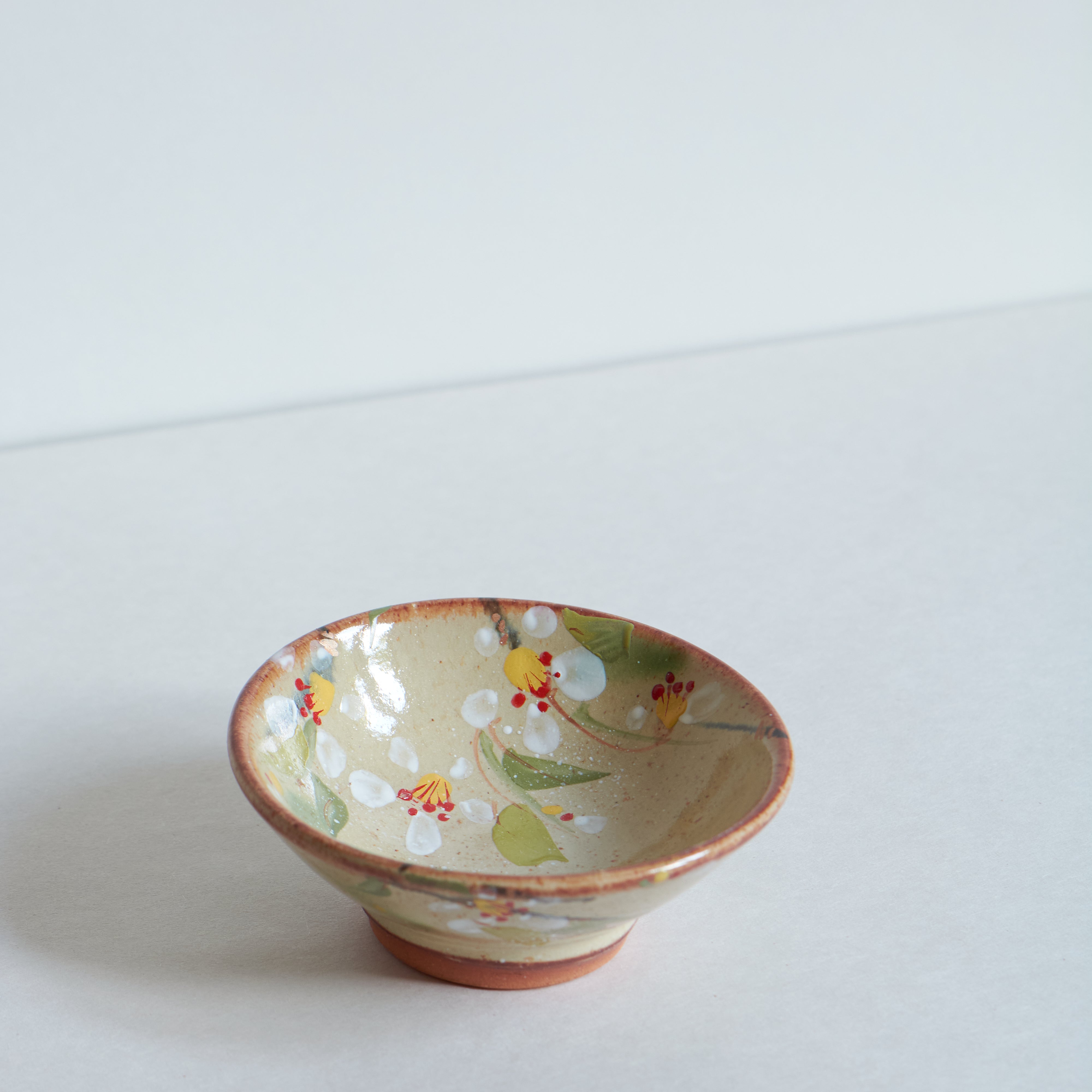 Small ceramic bowl with white cherry blossom floral design on a white background